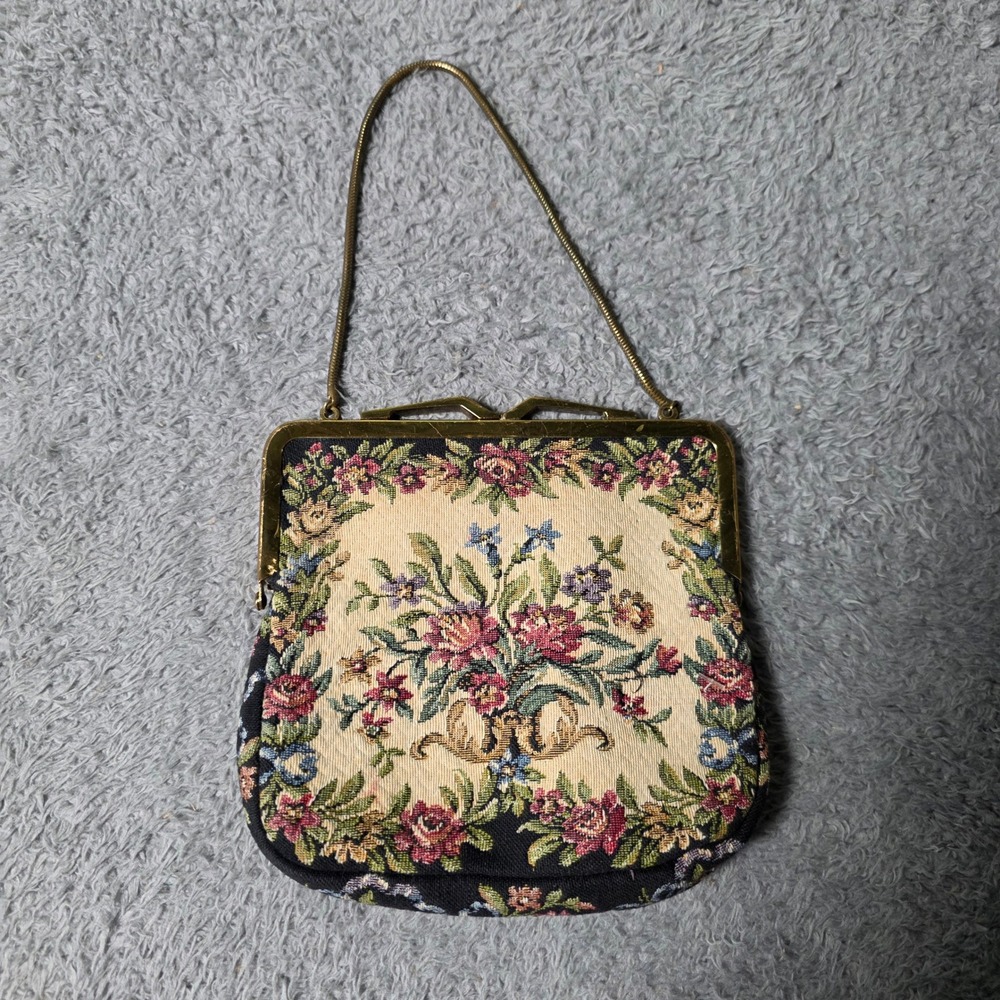 Hudson's Vintage Womens Small Tapestry Evening Bag Floral Gold Kiss Lock